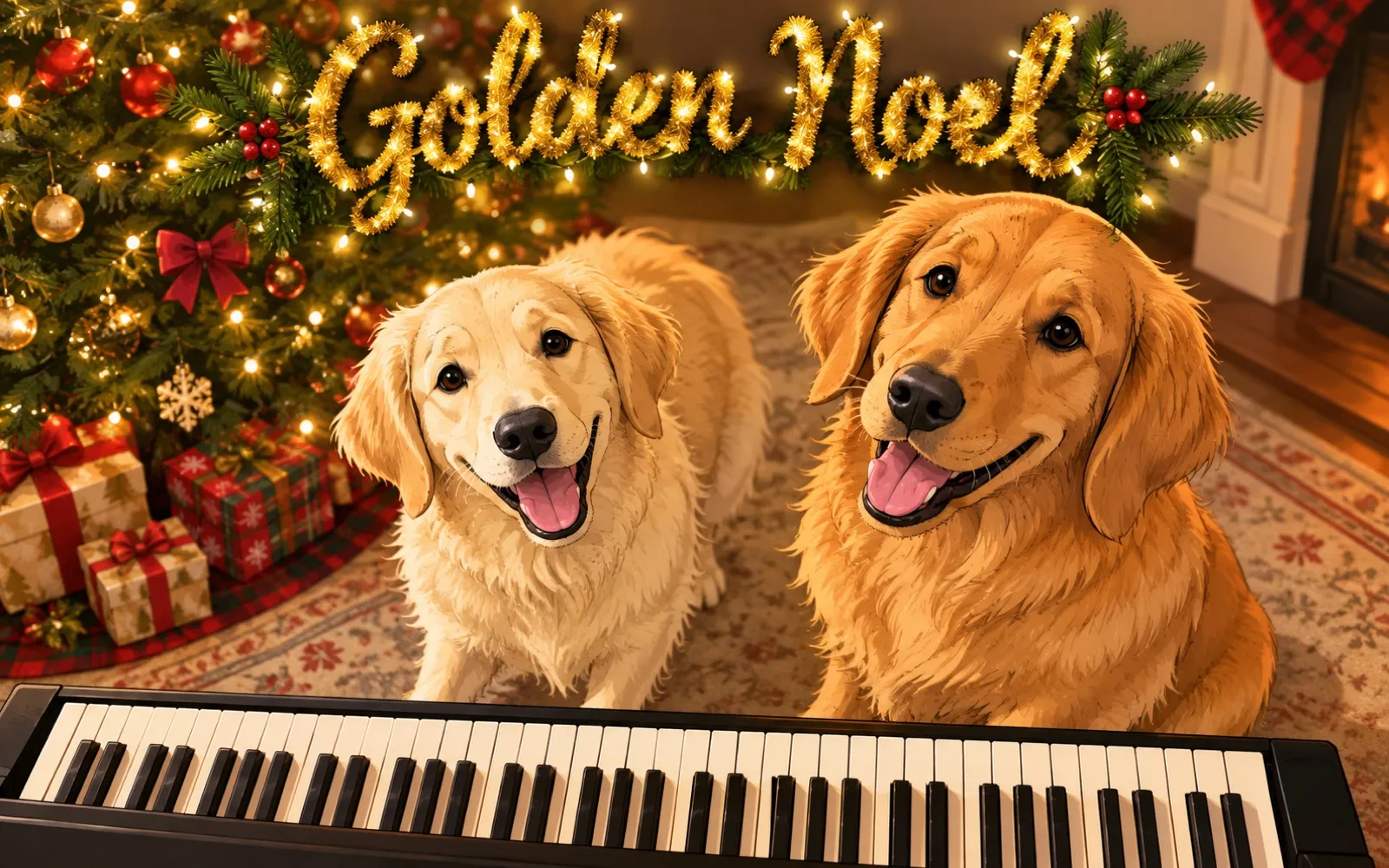 Golden Noel: two happy golden retrievers in front of a Christmas tree with a keyboard, under glowing Golden Noel lettering
